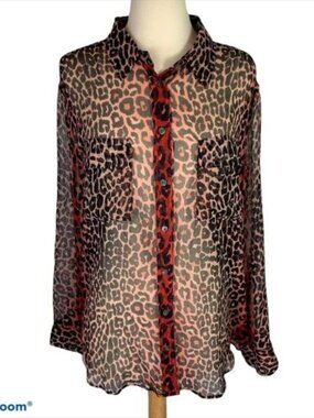 Equipment Red and Black Leopard Print Silk Sheer Button-Down Shirt